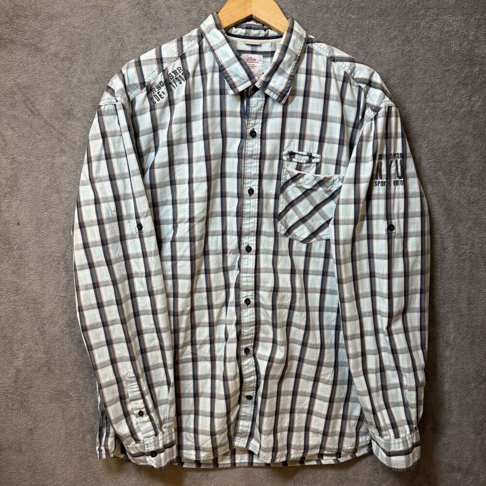 S.Oliver Shirt Mens 3XL Regular‎ Fit Button Up Blue Plaid Casual Roll Tab Sleeve
